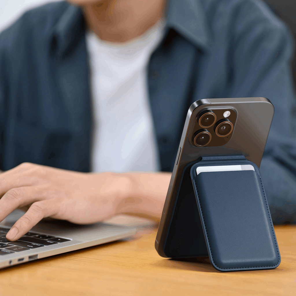 Vegan-Leather Magnetic Wallet Stand Satechi Dark Blue
