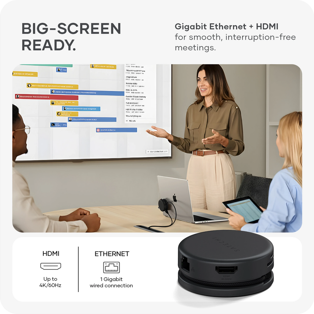 A woman presenting her deck  via her OntheGo™ 7-in-1 Multiport Adapter attached to her MacBook. BIG-SCREEN READY.Gigabit Ethernet + HDMI for smooth, interruption-free meetings. HDMI Up to
4K/60Hz, ETHERNET 1 Gigabit wired connection.