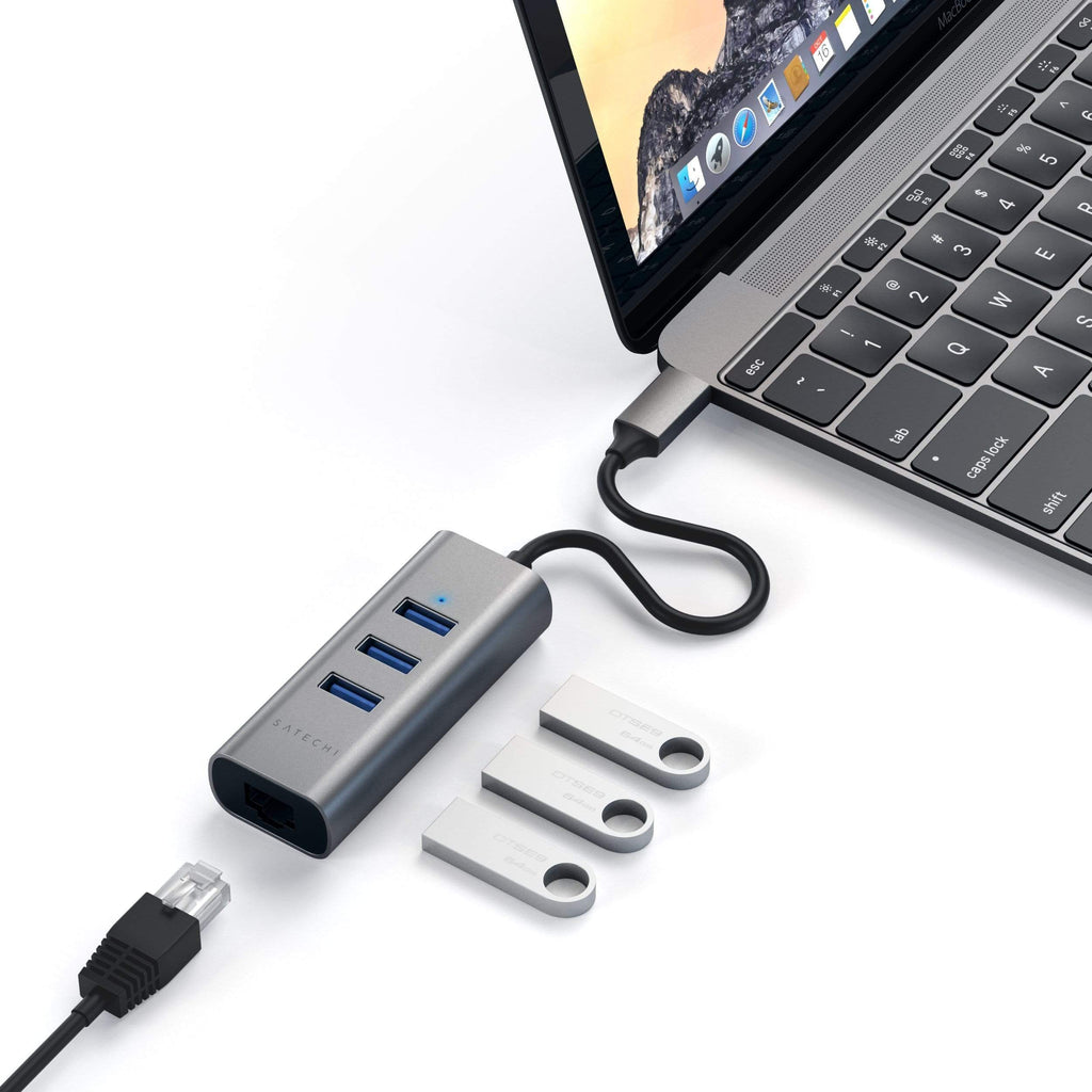 Type-C 2-in-1 USB 3.0 Aluminum 3 Port Hub and Ethernet Port USB-C Satechi Space Gray